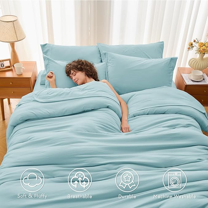 MUXHOMO 7 Pieces Queen Comforter Set, Soft Bed in a Bag Queen Size, All Season Bedding Set with Comforter, Flat Sheet, Fitted Sheet, Pillowcases & Shams, Lake Blue
