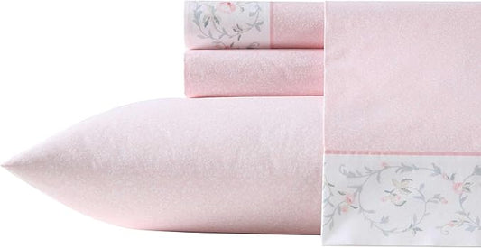 Laura Ashley - King Sheet Set, Crisp & Cool Cotton Percale Bedding with Deep Pockets, Lightweight for Year Round Comfort, Bed Sheets with Matching Pillowcases (Victorian Scroll Pink)