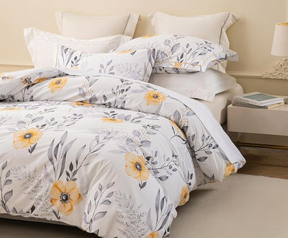 King Size Duvet Cover Set with Button Closure - Black and Yellow Botanical Luxury Bedding for a Comfortable Sleeping