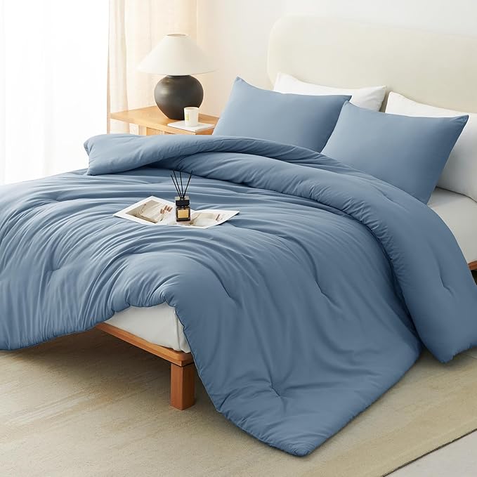 CozyLux Oversized Queen Comforter Set Grayish Blue, 3 Pieces 98x98 Solid Breathable Bedding Set All Season, Dusty Blue Luxury Soft Lightweight Bed Set with Down Alternative Comforter and 2 Pillowcases