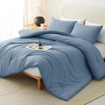 CozyLux Oversized Queen Comforter Set Grayish Blue, 3 Pieces 98x98 Solid Breathable Bedding Set All Season, Dusty Blue Luxury Soft Lightweight Bed Set with Down Alternative Comforter and 2 Pillowcases