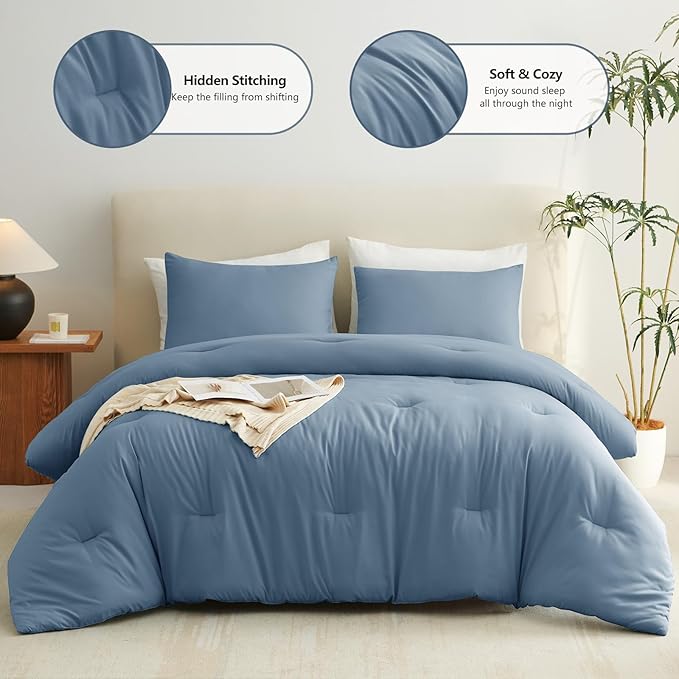 CozyLux Oversized Queen Comforter Set Grayish Blue, 3 Pieces 98x98 Solid Breathable Bedding Set All Season, Dusty Blue Luxury Soft Lightweight Bed Set with Down Alternative Comforter and 2 Pillowcases