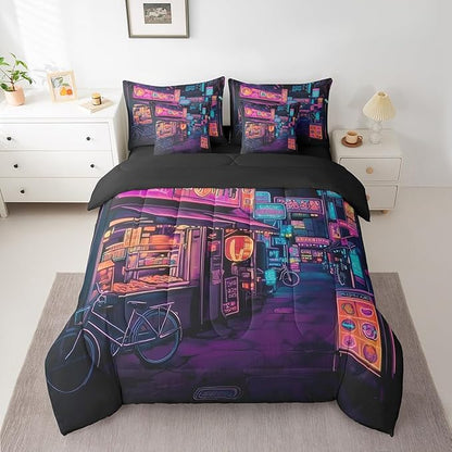 Feelyou Japan Art Comforter Set 7 Pieces King Size Tokyo Anime Bedding Set for Boys Girls Japanese Night City Bed in a Bag with Comforter, Sheets, Pillowcases & Cushion Covers