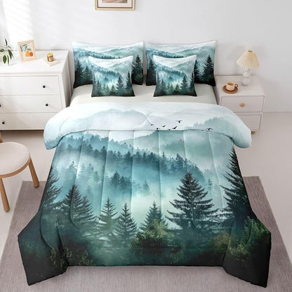 Erosebridal Foggy Mountain Queen Bed in A Bag 7 Piece Green Forest Pine Tree Comforter Set with Sheets Nature Misty Woodland Bedding Sets for Kids Adults,Flying Bird Bed Set