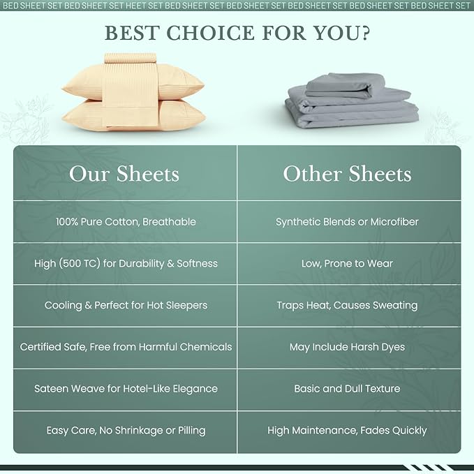 Feather & Stitch 500 TC King Size Damask Bed Sheet Set, 100% Cotton Soft Breathable Bedsheets, 4 Piece 18" Deep Pockets Sateen Weave Striped Bedding Mattress Resort Hotel Luxury- (Semolina Stripe)