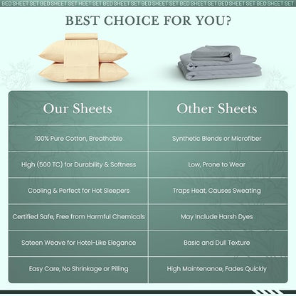 Feather & Stitch 500 TC King Size Damask Bed Sheet Set, 100% Cotton Soft Breathable Bedsheets, 4 Piece 18" Deep Pockets Sateen Weave Striped Bedding Mattress Resort Hotel Luxury- (Semolina Stripe)