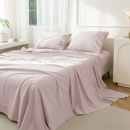 JIYUAN King Size Sheet Set, 4-Piece - 100% Washed Cotton, Linen-Like Soft & Breathable, Includes Deep Pocket Fitted & Flat Sheet with 2 Pillowcases, Hotel Quality, Heathered Greyish Pink