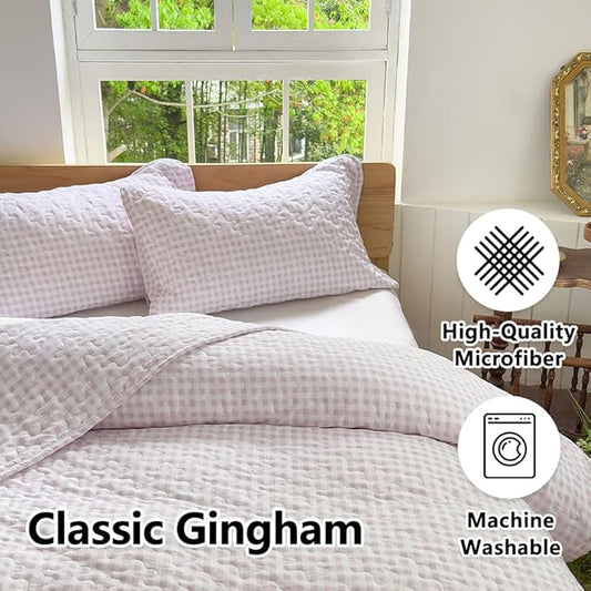 NSNLGSGC Pink Gingham King Quilt Set, Soft Pre-Washed Microfiber Pink Plaid King Bedspread, Lightweight Checked Summer Quilt, Grid Bedding Coverlets for All Seasons