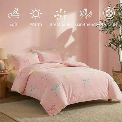 Bedbay Pink Bow Comforter Set Queen Size Warm Fluffy Fleece Bedding Set Cute Bowknot Teen Girls Ultra Soft Plush Velvet Comforter Queen Bed Set Sweet Bow Tie Dreamy Princess Style Bedding 3 Pcs