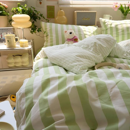 Green Striped Twin Duvet Cover Boho Cute Twin Comforter Cover Farmhouse Coquette Vintage Soft Duvet Cover Set with 2 Pillow Cases College Bedding Set for Boys Washed Microfiber Duvet Protector