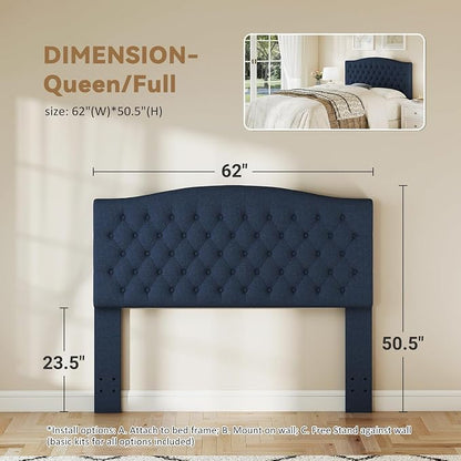 Queen Headboard Only, Upholstered Headboard for Adjustable Bed Linen Tufted Queen/Full Size Wall Mounted Head Board with Solid Wood Legs Head Board, Navy Blue