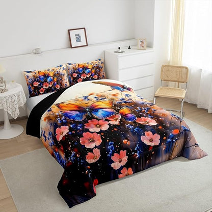 Feelyou Butterfly Comforter Set Queen Size Butterflies Print Comforter for Boys Girls Teens Animal Bedding Set Butterfly Floral Duvet Set Room Decor Blue Purple Quilt Set