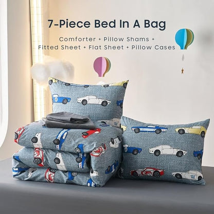Wake In Cloud - Race Car Bedding Set for Boys, Cute Colorful Sports Car Supercar Wheels Comforter Set with Sheets, 7 Pieces Kids Bed in a Bag, Gray, Full Size