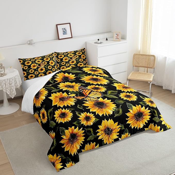 Feelyou Sunflower Bedding Set Girls Yellow Floral Butterfly Comforter Chic Flowers Comforter Set for Kids Teens Botanical Nature Duvet Set Soft Room Decor King Size Boys