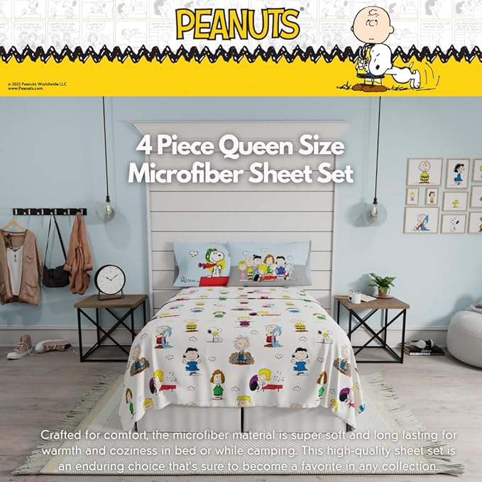 Collectibles Peanuts Snoopy Bedding Super Soft Cozy Microfiber 4 Piece Queen Sheet Set, (Officially Licensed Product) By Franco