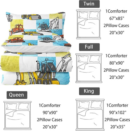 Boy's Construction Truck Comforter Set King,Orange,and Yellow Truck 3 Pieces Bedding Set for Kids Boys Teens,Blue and Yellow Plaid Microfiber Lightweight Quilt Bedroom Decor with 2 Pillow Cases
