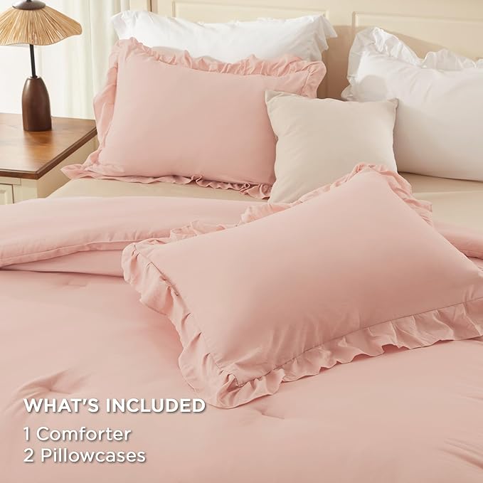 Andency Blush Queen Comforter Set(90x90Inch), 3 Pieces Lightweight Soft Ruffle Bedding Comforter Sets for Queen Bed, Farmhouse Shabby Chic Fluffy Soft Polyester Bed Set for All Season