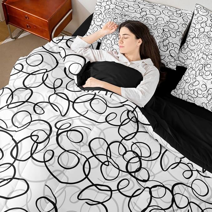 Erosebridal Geometric 7 Piece Comforter Set Queen Bed in A Bag Black Gray White Abstract Swirls Bedding Set for Boys Girls Modern Abstract Texture Bedroom Decor Contemporary Lines Aesthetic Sheet Set