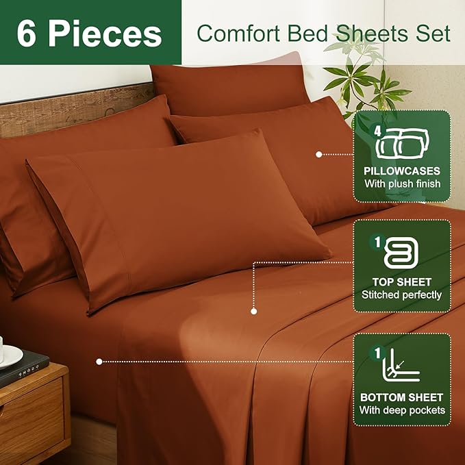 Ivellow 100% Egyptian Cotton Sheets King Size Set - 1200 Thread Count 6 PC 18" Deep Pocket King Size Bed Sheet Set，Durable Hotel Quality Luxury Soft Breathable Burnt Orange Cooling Sheet Sets Bedding