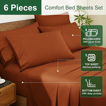 Ivellow 100% Egyptian Cotton Sheets Queen Size Set - 1200 Thread Count 6PC 18" Deep Pocket Queen Size Bed Sheet Set Luxury Soft Breathable Burnt Orange Cooling Sheet Sets Durable Hotel Quality Bedding