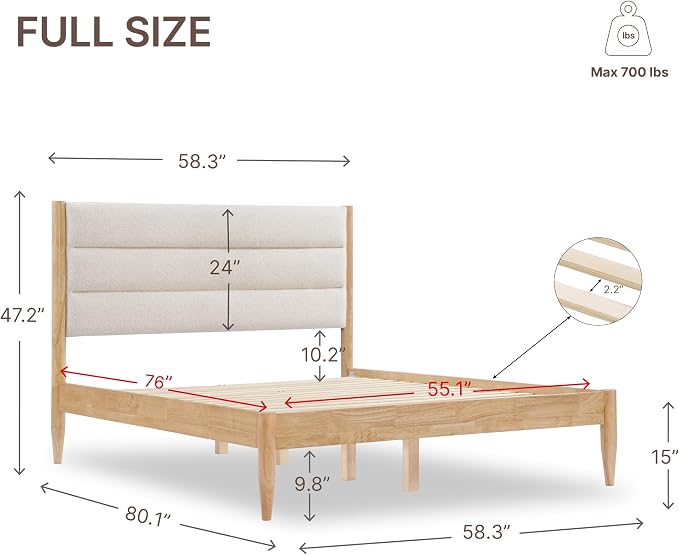 KISLOT Wood Bed Frame with Upholstered Headboard, Oat, Full | Wooden Platform, Silent Slat Support, Mattress Foundation, No Box Spring Needed, Easy Assembly