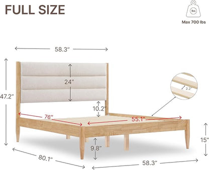 KISLOT Wood Bed Frame with Upholstered Headboard, Oat, Full | Wooden Platform, Silent Slat Support, Mattress Foundation, No Box Spring Needed, Easy Assembly