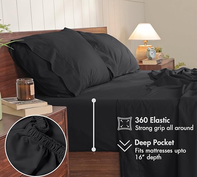 RUVANTI 100% Cotton Sheets – Twin Size Percale Bedding, Cooling & Breathable, Durable with a Crisp, Soft & Comfortable Feel, 16" Deep Pocket, 3-Piece Set, Jet Black