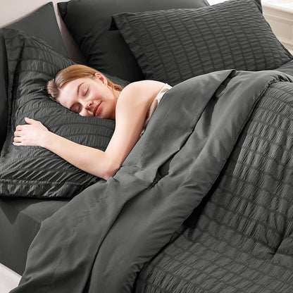 CozyLux Twin XL Comforter Set with Sheets Seersucker Dark Grey 5 Pieces Bed in a Bag, Dark Gray Twin Extra Long Bedding Sets for College Dorm with Down Alternative Comforter, Sheets, Pillowcase & Sham