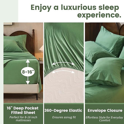 100% Linen Sheets Queen Size,Breathable & Durable 4-Piece Bed Flax Sheet Set,Soft All-Season Bedding for Hot Sleepers 16" Deep Pocket Oeko-TEX Certified,（Queen, Sage Green）