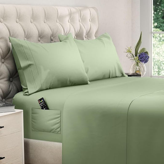 DREAMCARE King Size Sheets Set - Cooling Bed Sheets - 4pcs Set - up to 15" Deep Pocket King Sheet Set – Soft & Long Lasting Cooling - 100% Fine Brushed Microfiber with Side Pocket - Sage Green