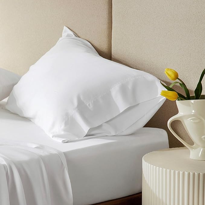 Bedsure Cooling Sheets Twin, Rayon Derived from Bamboo, PureWoven, Breathable & Soft, Deep Pocket Up to 16 Inches, Hotel Luxury Silky Bedding for Hot Sleepers, White