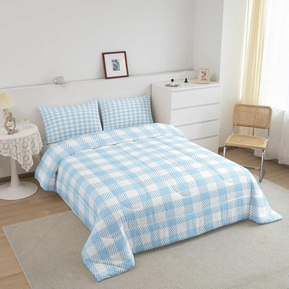 Manfei Blue Plaid Bedding Set Queen Size Buffalo Check Plaid Comforter Classic Gingham Pattern Comforter Set Blue White Scottish Duvet Set 3Pcs Quilt Set 1 Comforter Set with 2 Pillowcase