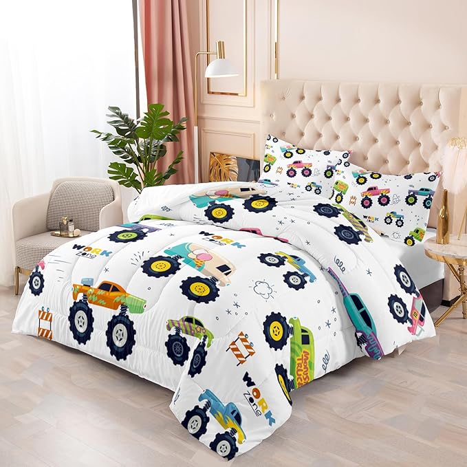 Kids Comforter Set for Boys,Cartoon Monster Car 3 Pieces Bedding Set Queen,Colorful Off-Road Vehicle All Season Soft Microfiber Down Alternative with 2 Pillowcases