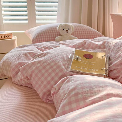 VM VOUGEMARKET Pink Plaid Comforter Set Queen,3 Pieces White Pink Gingham Comforter with 2 Pillowcases for Teen Girls Students Simple Modern Bedding Set (90"x90")