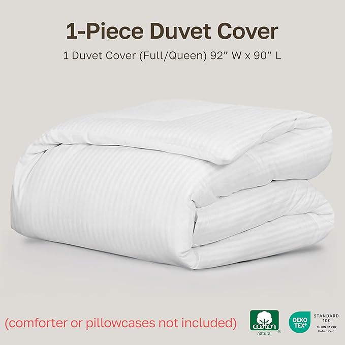California Design Den Striped White Duvet Cover Queen/Full Only - Premium 400 Thread Count 100% Cotton Duvet Cover Queen, Sateen, Queen Comforter Cover, Button Closure and Corner Ties (Striped White)