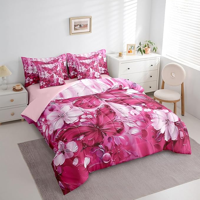 Erosebridal Girls Hot Pink Butterfly Bedding Sets Full 7 Piece White Flowers Oil Painting Boho Kids Comforter Set Retro Aesthetics Bohemian Butterfly Bed in A Bag,Floral Butterfly Sheet Set