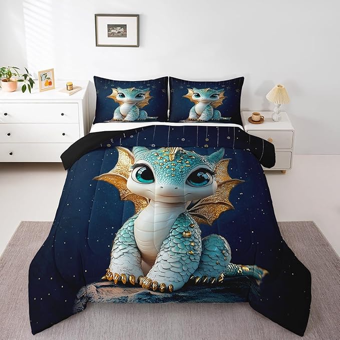 Feelyou Dragon Comforter Set Toddler Size Dragon Stuff Comforter for Boys Girls Teens Wild Life Bedding Set Dragon Decor Duvet Set Room Decor Navy Blue Quilt Set