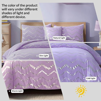 Menghomeus Purple/Silver Comforter Set Twin XL Lavender Metallic Print Glitter Bed Comforter Cute Shinny Bedding for Teen Girls Kids Women