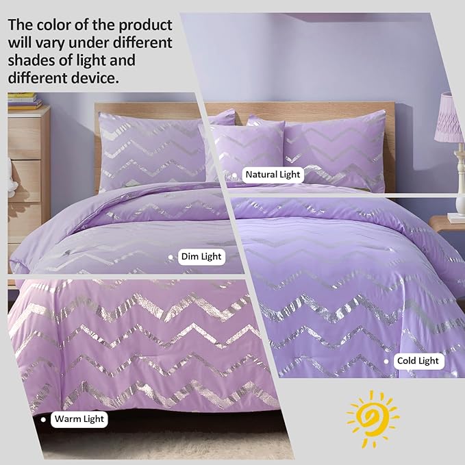 Menghomeus Purple/Silver Comforter Set Twin Lavender Metallic Print Glitter Bed Comforter Cute Shinny Bedding for Teen Girls Kids Women, 3 Piece (1 Pillowcase, 1 Decorative Pillow Sham)