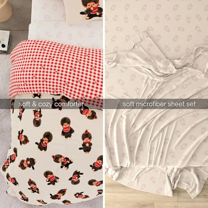 Monchhichi Bedding 7 Piece Queen Bed Set, Soft Cozy Nostalgia Reversible Comforter and Sheet Set with Sham, Officially Licensed Product by Franco