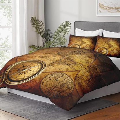 King Size Comforter Set with 2 Pillowcases, Vintage Retro World Map Soft 3 Pcs Bedding for Kids and Adults Bedroom Bed Decor