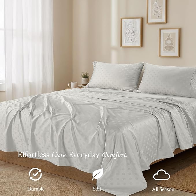 Threadmill 100% Cotton Sheets for King Size Bed | 4 Pc King Bed Sheets Set | Soft, Breathable Lightweight Damask Sateen for All-Season Use | Snug Fit Elastic Deep Pocket King Sheets | Light Grey