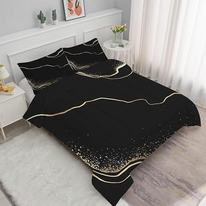 Marble Comforter Set Full/Queen Size Black and Gold Bedding for Girls Teen Women Men Bedroom Decor Texture Luxury Marbling Quilt Bed Sets, 1 Comforter 2 Pillowcases