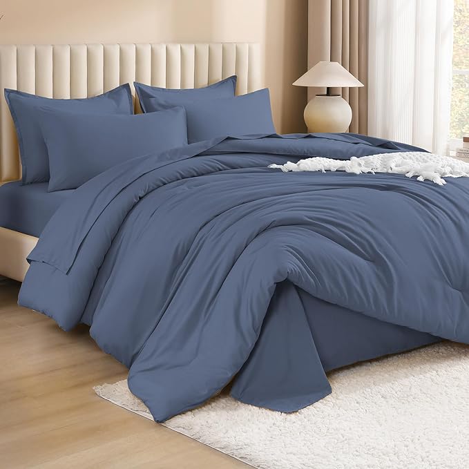 Litanika California King Comforter Set Bluish Grey - 7 Pieces Bed in a Bag Cal King Bedding Comforter Sets, Plain Lightweight Bed Set with Comforter, Sheets, Pillowcases & Shams