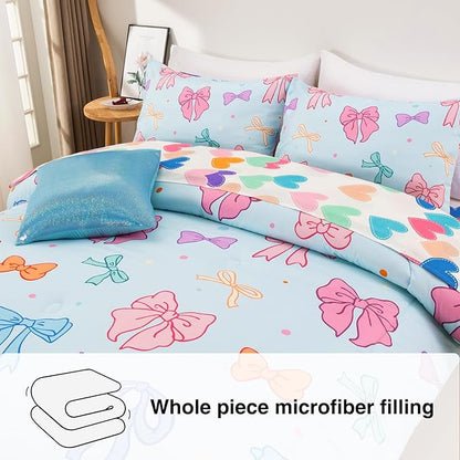 A Nice Night Lightweight Soft 6 Piece Bowknot Comforter Set Queen Size Bed in a Bag,Cartoon Bow & Polka Dot Design Bedding Set for Girls Kids