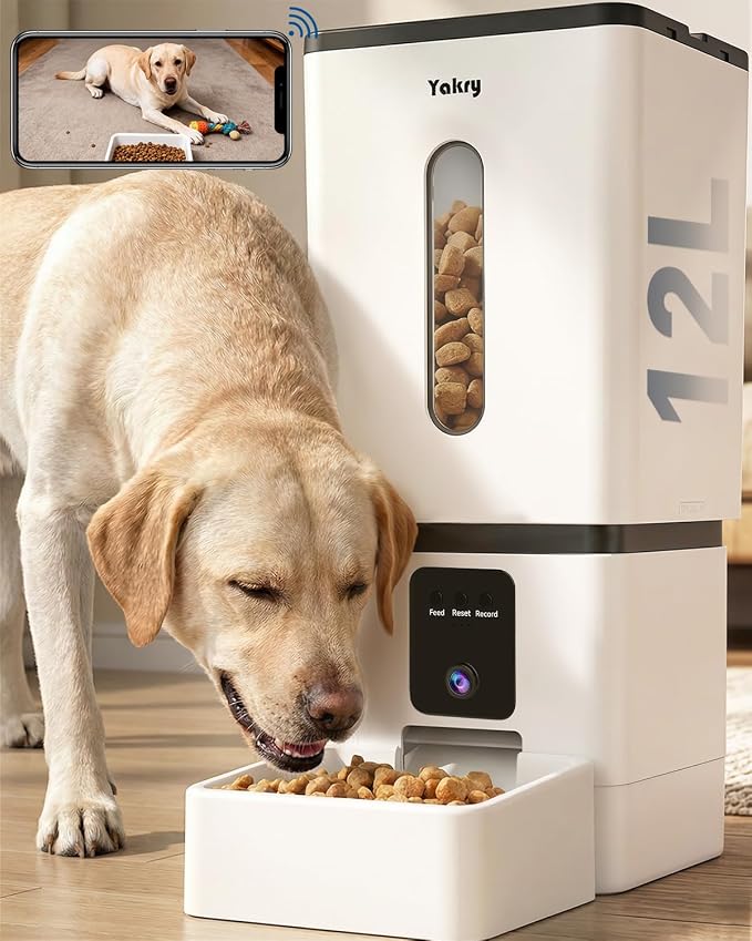 Automatic Dog Feeder Large Breed: 12L/50 Cup Capacity for Kibble up to 20mm | Anti-Clog Dog Food Dispenser - HD 1080P Camera for Remote Mealtime Check-Ins - WiFi App Scheduling Easy Setup by Yakry