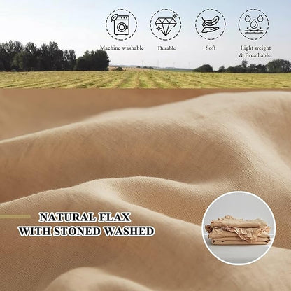 Simple&Opulence 100% Linen Duvet Cover Set, 3 PCS Natural French Flax Sand Ruffle Duvet Cover Queen Size, Breathable Comfy Linen Bedding Comforter Cover with 2 Pillowcases (Sand, 88" X 92")