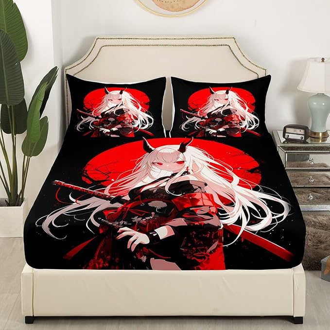 Erosebridal Twin Japanese Anime Bedding Set for Kids, Anime Girl Bed Sheets Kawaii Japanese Style Fitted Sheet Cartoon Japan Animation Bed Set for Boys Teen Adult Women Bedroom,Red Black