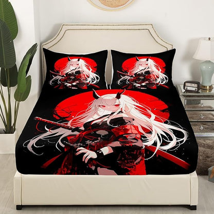 Erosebridal Twin Japanese Anime Bedding Set for Kids, Anime Girl Bed Sheets Kawaii Japanese Style Fitted Sheet Cartoon Japan Animation Bed Set for Boys Teen Adult Women Bedroom,Red Black