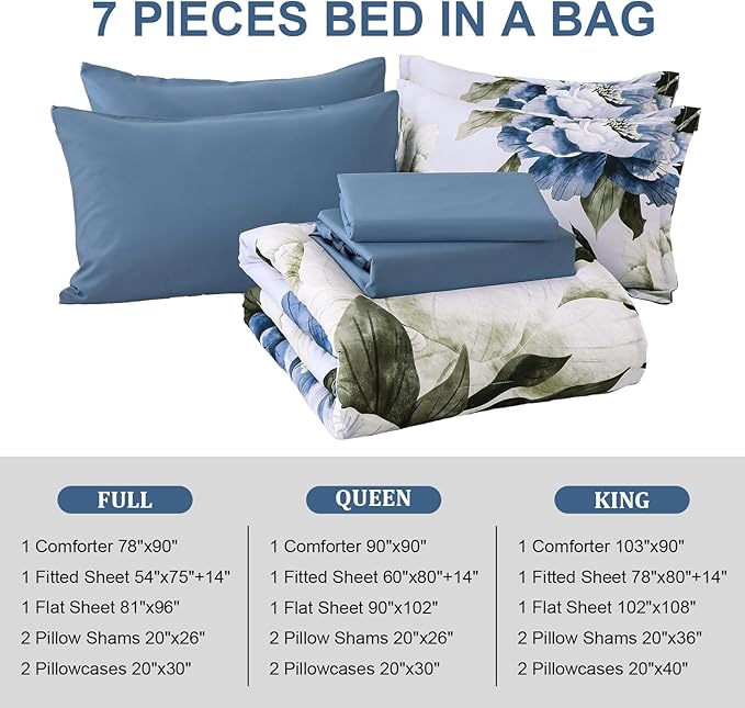 Dobuyly Blue Full Size Comforter Set 7 Piece Bed in a Bag, Blue Floral Print on Light Blue Comforter Set with Sheets, Soft Microfiber Complete Bedding Set for All Season